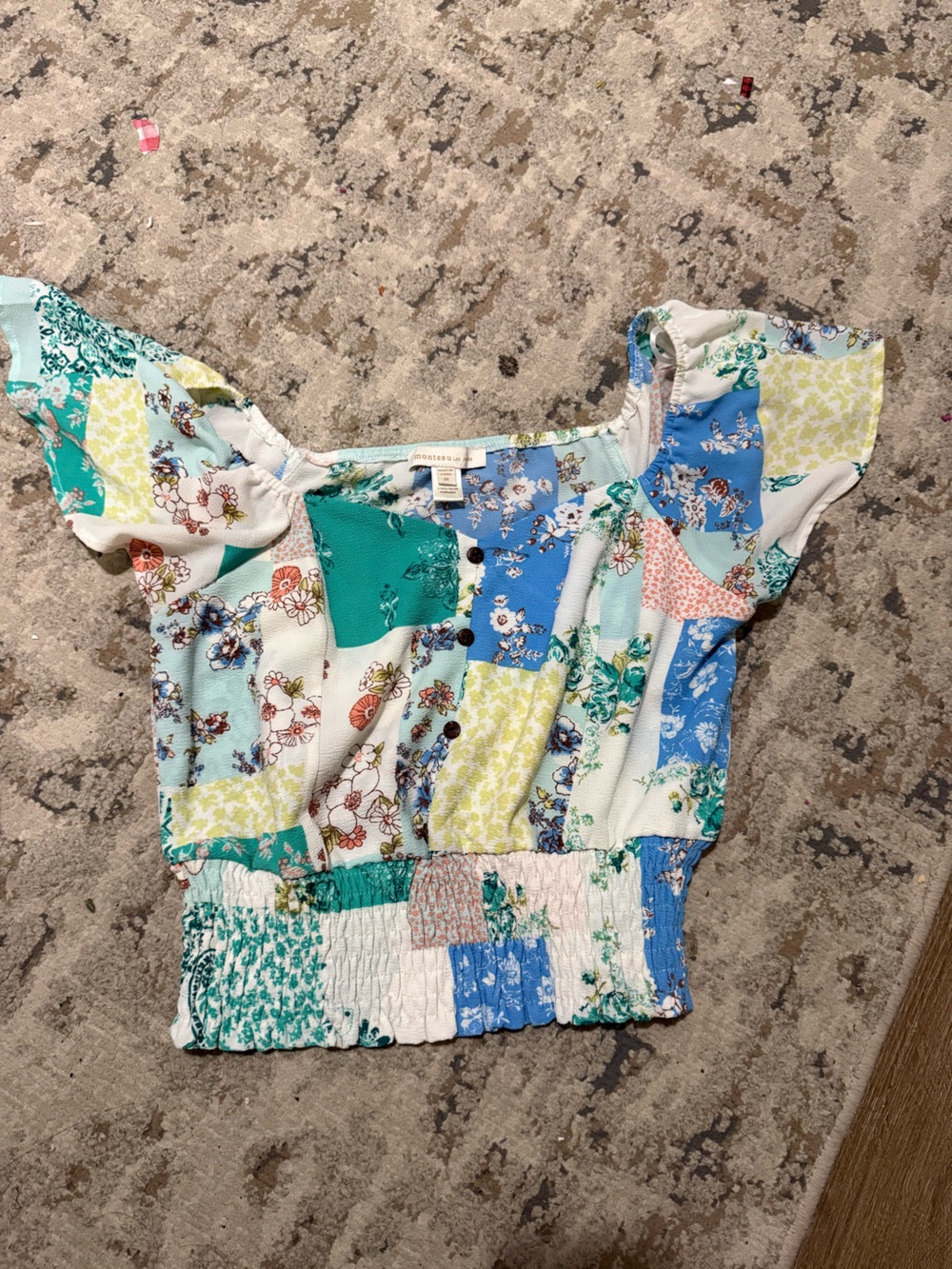 Monteau Patchwork Floral Smocked Crop Top in Blue, Green, Yellow, White